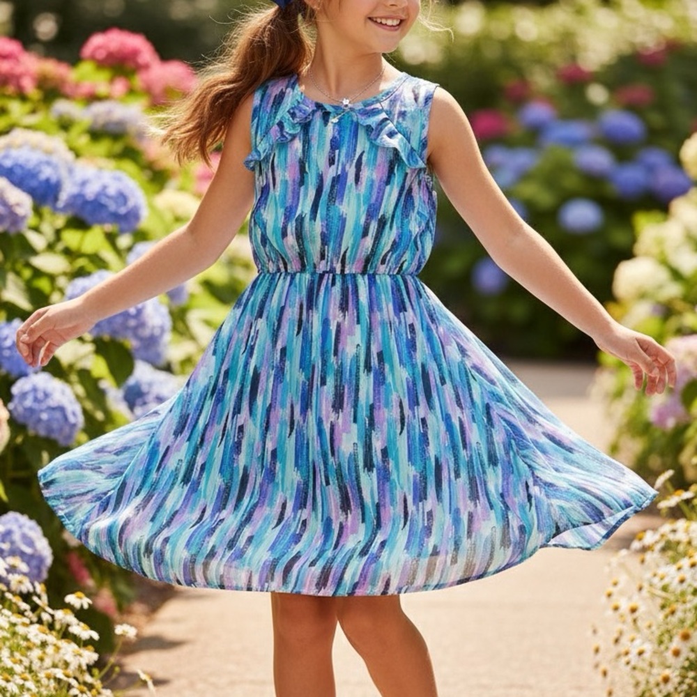 Wonder Nation Girls Blue Abstract Brushstroke Ruffle Dress Large Sleeveless